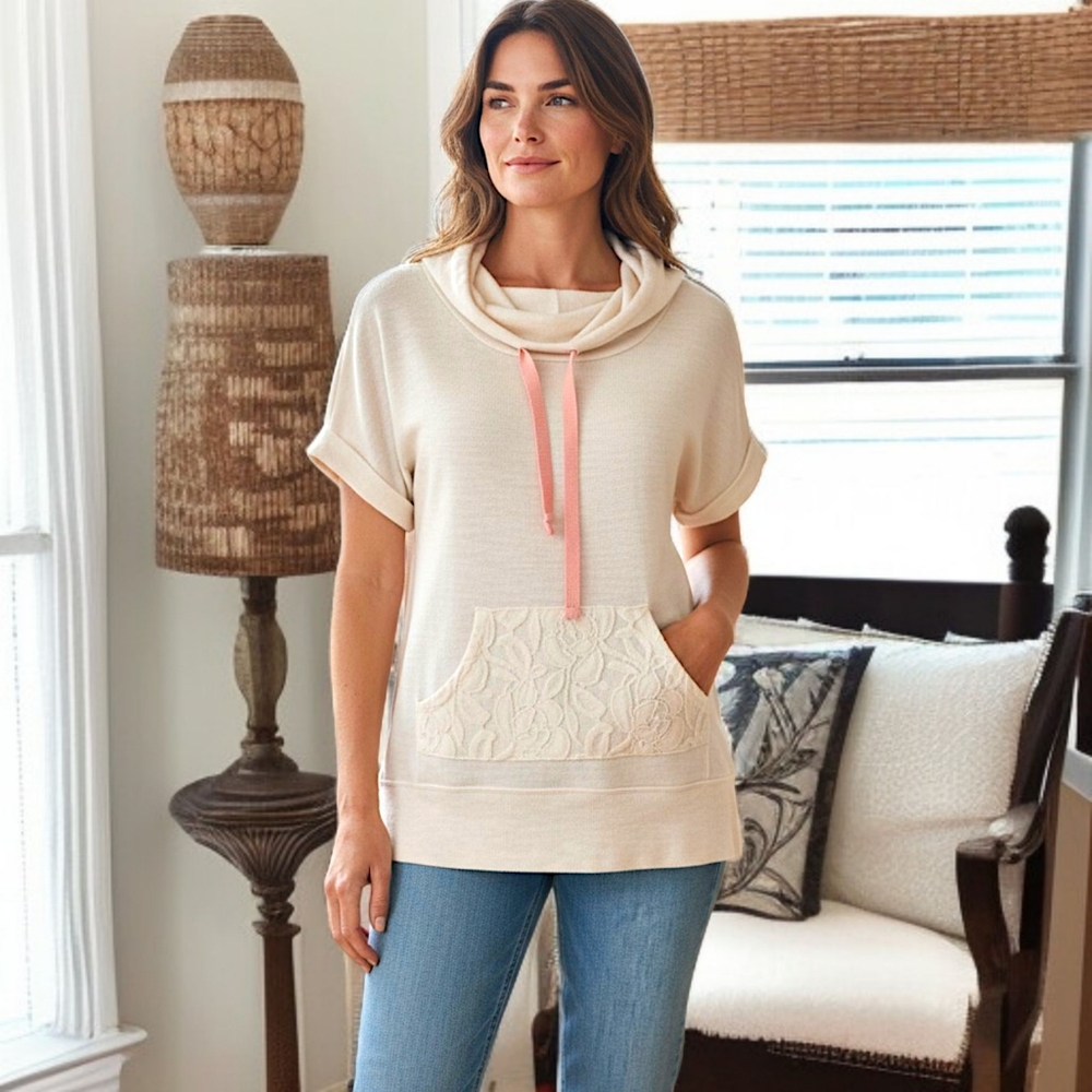 Wish‎ & Whim Knit Top Sz S Sheer Cowl Neck Short Sleeve Front Pocket Lace Long